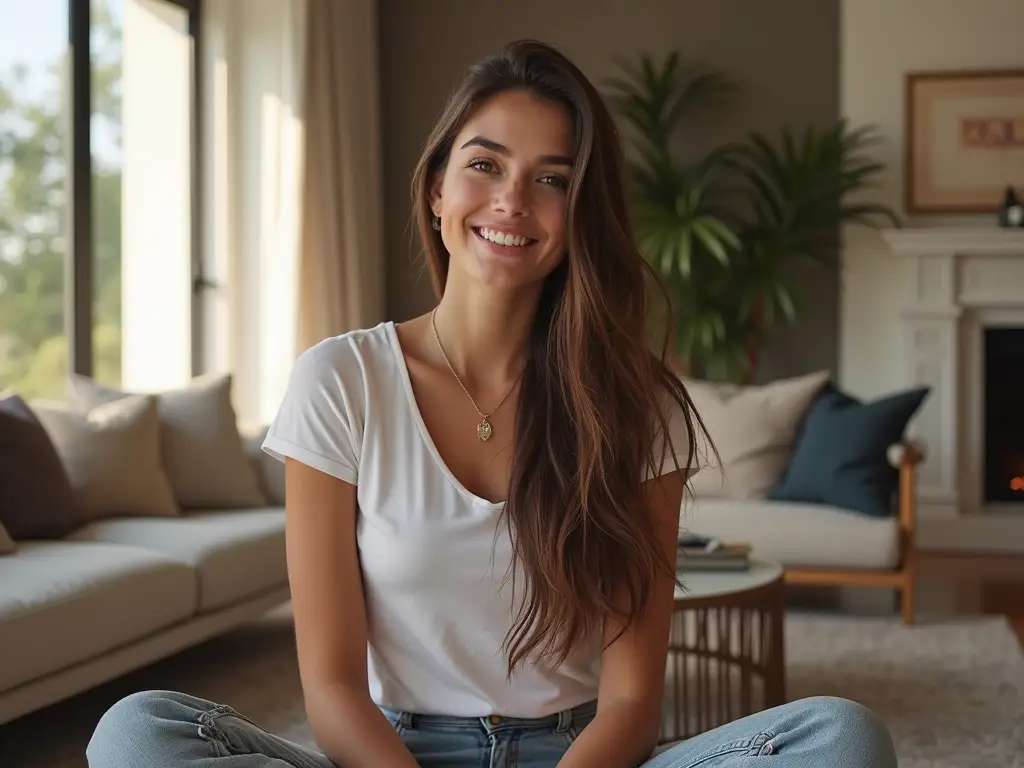 A young woman, Katharina Amalia, in a stylish living room, smiling confidently at the camera, with natural light illuminating the space.