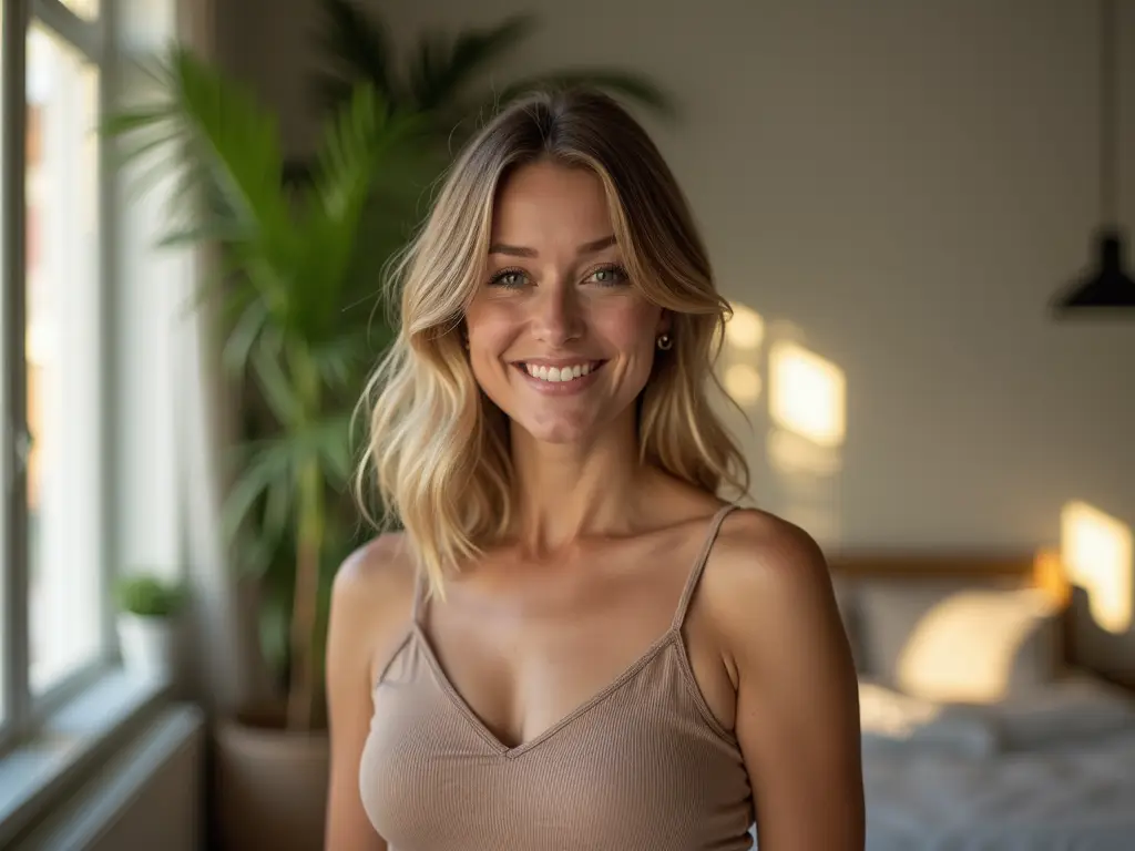 Anne Wünsche in einem modernen Raum, lächelnd und in einem eleganten Outfit, mit sanften Lichtern im Hintergrund.