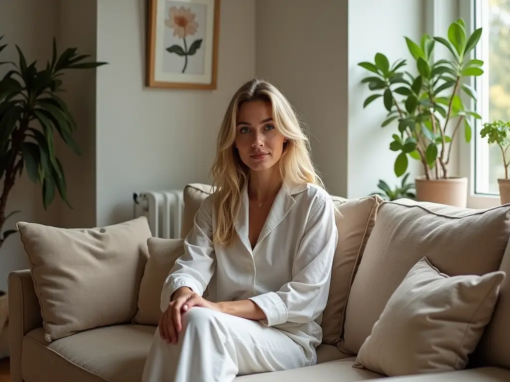 Hannah Becker sitzt auf einem Sofa in einem modernen Raum, trägt ein leichtes Outfit und lächelt einladend, umgeben von künstlerischen Dekorationen und Pflanzen.