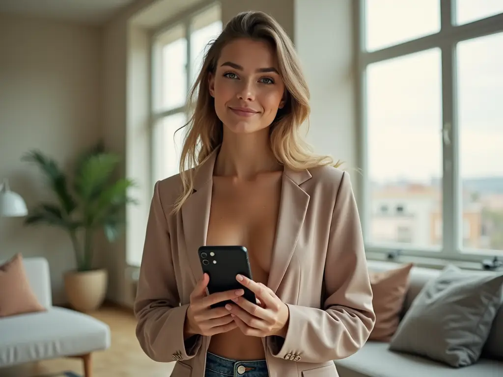 Eine selbstbewusste junge Frau namens Lily Phillips steht in einem modernen Raum, trägt ein elegantes Outfit und hält ein Smartphone in der Hand.