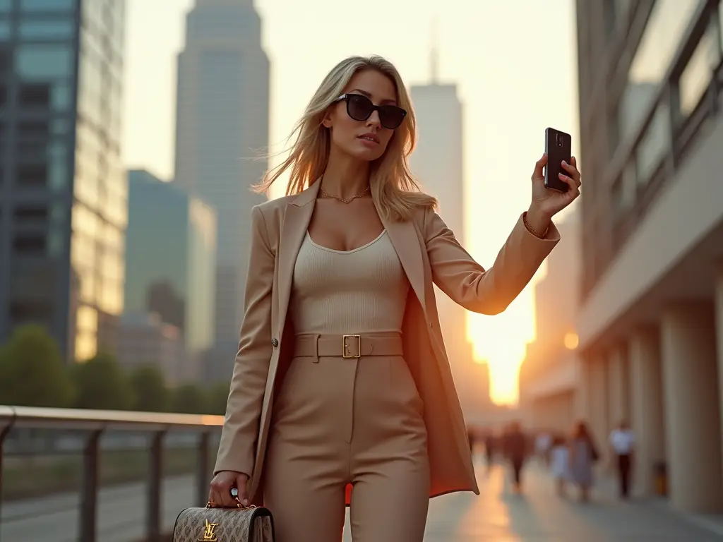 Linnea Sky standing confidently in an upscale city environment, dressed stylishly and taking a selfie with a designer handbag.