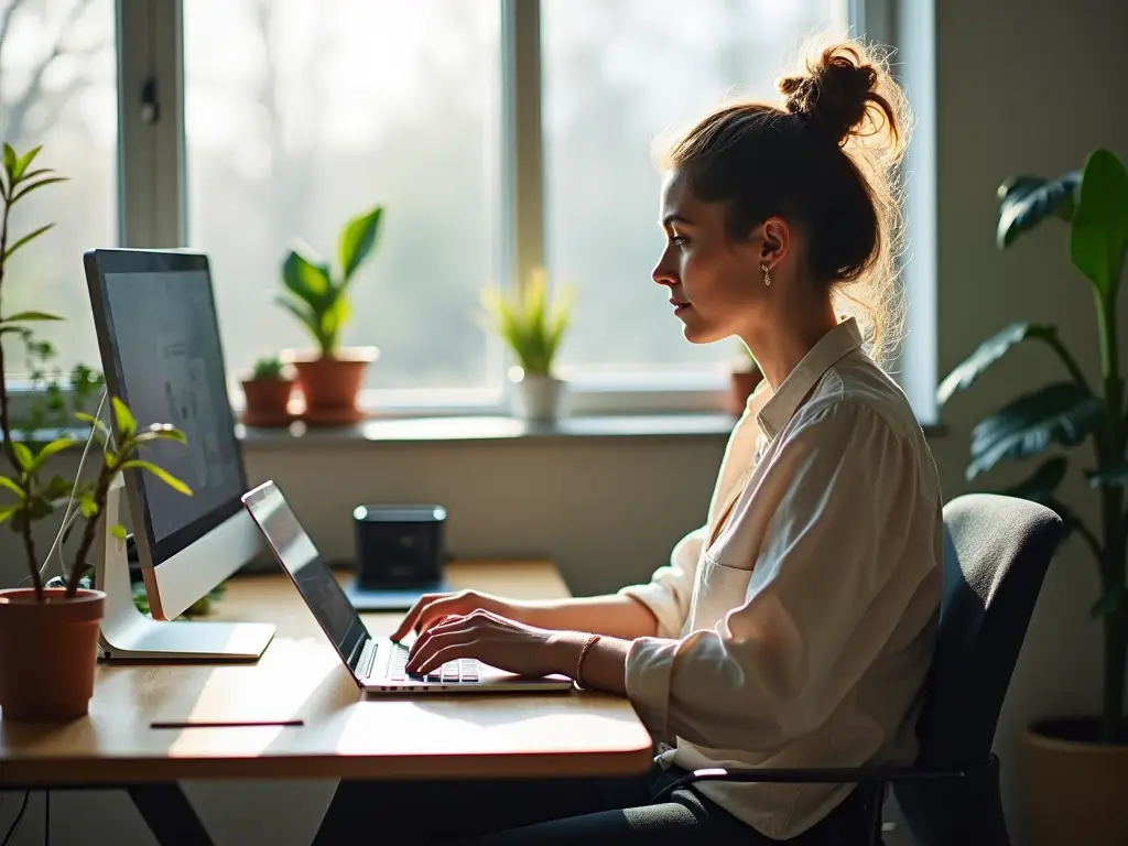 Eine junge Frau arbeitet in einem modernen Arbeitsraum an ihrem Laptop, auf dem die OnlyFans-App geöffnet ist, umgeben von einer kreativen Atmosphäre.