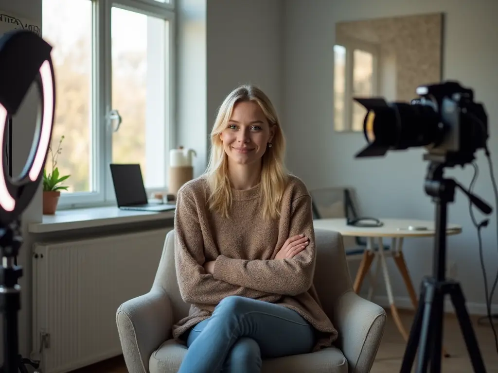 A Swedish woman sitting confidently in a modern home studio with a DSLR camera, natural daylight from a window, and tech equipment around her, portraying a digital content creator.
