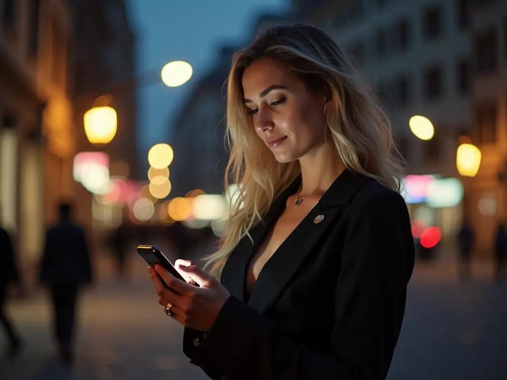 Wanda Nara steht in einem modernen urbanen Umfeld, lächelnd und auf ihr Smartphone schauend, während die Lichter der Stadt im Hintergrund leuchten.