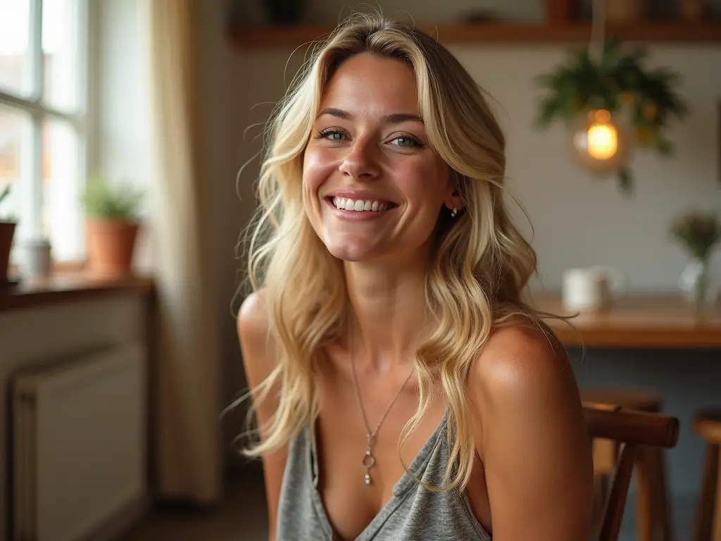 Ein Porträt von Corinna Kopf in einem modernen Raum, entspannt lächelnd und umgeben von bunten Lichtern.