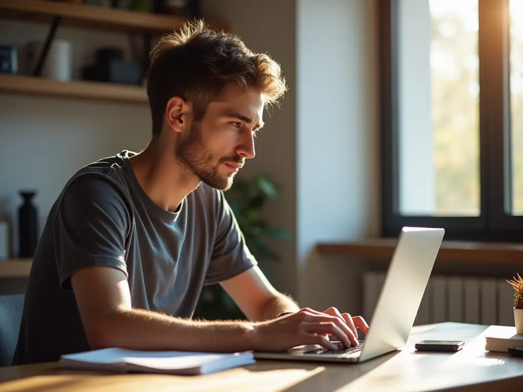 Ein junger Mann sitzt an einem Schreibtisch und arbeitet an seinem Laptop, während er Inhalte für eine Plattform erstellt, umgeben von warmem, natürlichem Licht.