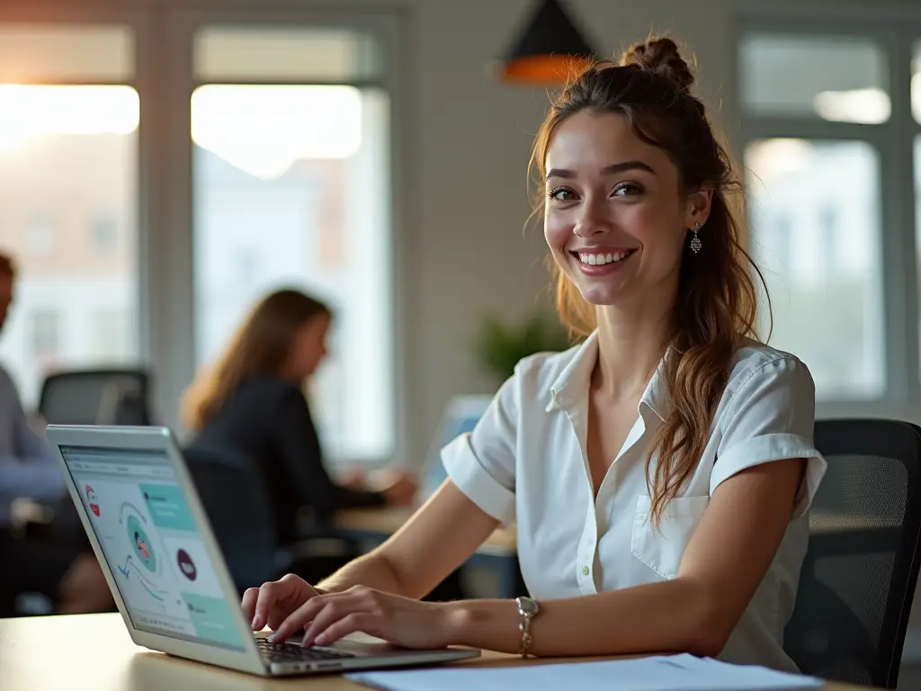 Eine junge rumänische Frau in einem modernen Büro arbeitet motiviert am Laptop mit Social-Media-Symbolen, umgeben von Kollegen, im natürlichen Tageslicht einer OnlyFans-Agenturumgebung.