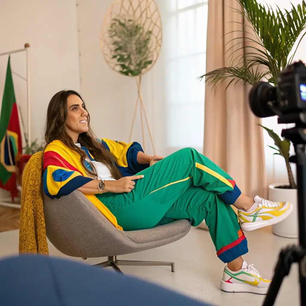 A confident Brazilian woman sitting in a bright studio with tropical decor, wearing colorful casual clothes inspired by samba, looking directly at the camera with a warm and empowering expression.