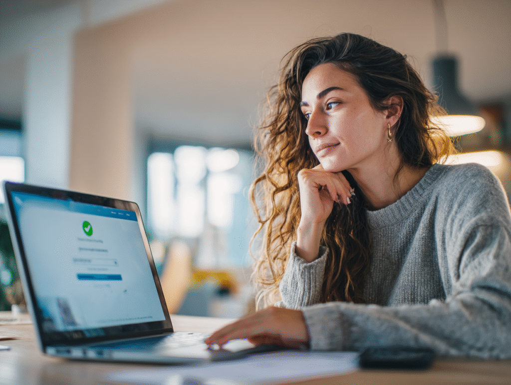 Photorealistic, candid shot, a focused, diverse young woman (the Creator, mid-20s, wearing professional, clean home attire) sitting at a modern desk in a brightly lit, organized home office. She is looking intently at her **laptop screen**, which is filling out a digital form for **identity verification (KYC)**. Her hand is near the mouse or trackpad, ready to click 'Submit'. On the screen, a clear graphic or interface element shows a **green checkmark** next to some blurred words contrasting with the white and blue-style interface. Next to the laptop, a **passport or ID document** is placed next to a smartphone showing a **selfie/verification photo**. The overall mood is **professional, secure, and focused on setting up a digital business**. Full body visible, sharp focus, bright natural lighting with soft shadows. Journalistic style.