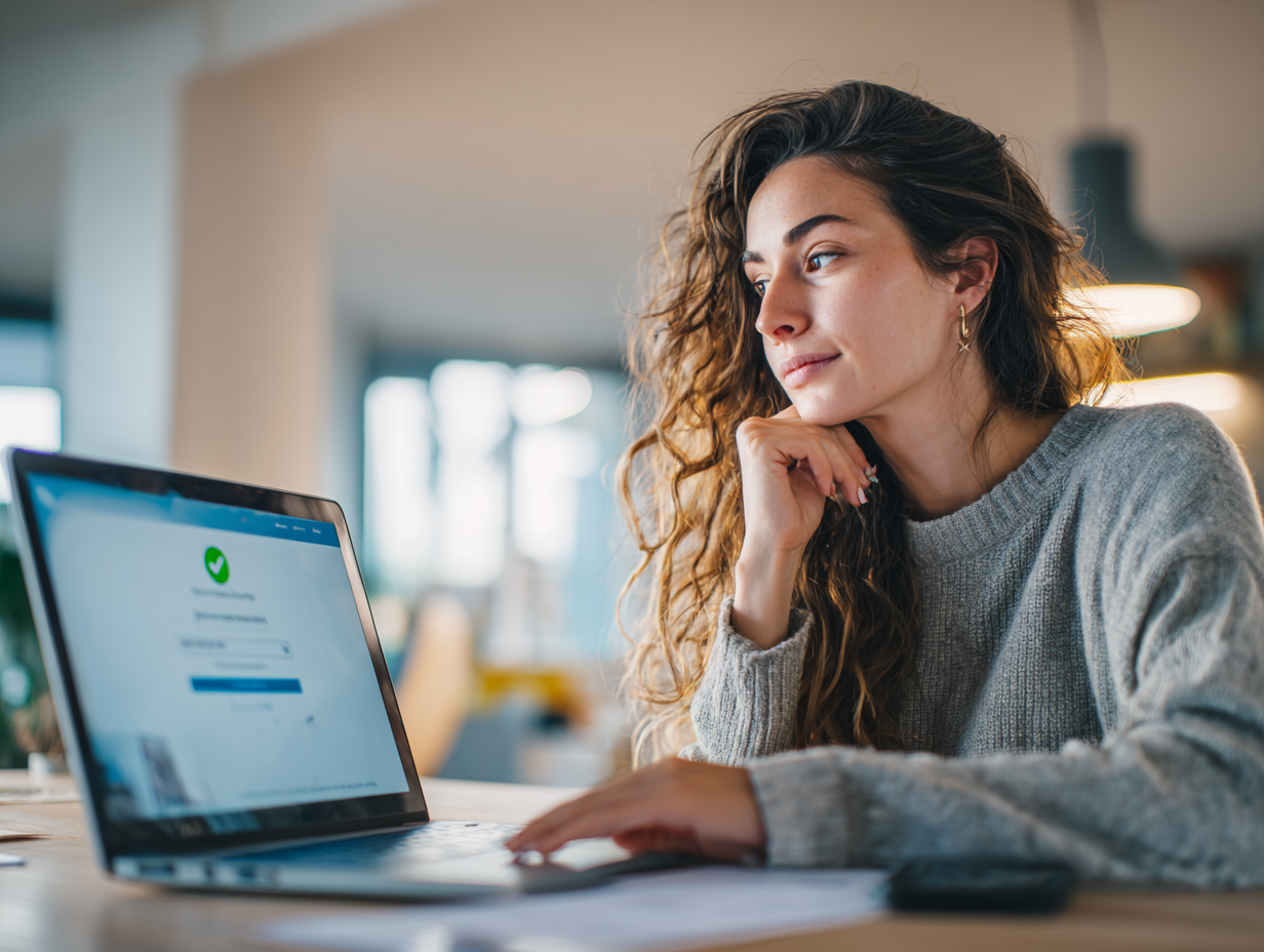 Photorealistic, candid shot, a focused, diverse young woman (the Creator, mid-20s, wearing professional, clean home attire) sitting at a modern desk in a brightly lit, organized home office. She is looking intently at her **laptop screen**, which is filling out a digital form for **identity verification (KYC)**. Her hand is near the mouse or trackpad, ready to click 'Submit'. On the screen, a clear graphic or interface element shows a **green checkmark** next to some blurred words contrasting with the white and blue-style interface. Next to the laptop, a **passport or ID document** is placed next to a smartphone showing a **selfie/verification photo**. The overall mood is **professional, secure, and focused on setting up a digital business**. Full body visible, sharp focus, bright natural lighting with soft shadows. Journalistic style.